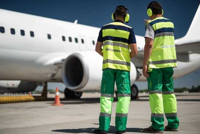 反射ベストとイヤーマフを着用した空港作業員が、駐機中の旅客機の前で打ち合わせをしている様子