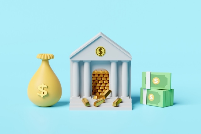 銀行の建物と金塊、ドル袋、紙幣のイラスト。助成金や人材採用にかかるコスト、外国人雇用における労務費用を象徴するイメージ