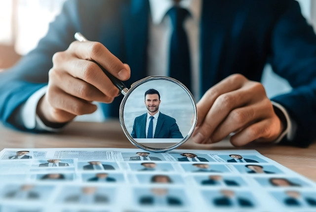 人材写真を虫眼鏡で確認する採用担当者。外国人を含む優秀な人材を選定する企業の採用活動イメージ。