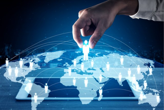 世界地図上で人材をつなぐネットワークを象徴するイメージ。特定技能外国人の採用と国際人材配置を表現。